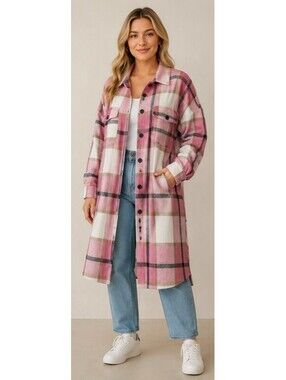ARSSM Women’s Long Plaid Sweater Jacket - New Soft Knit Shacket - Pink/White New